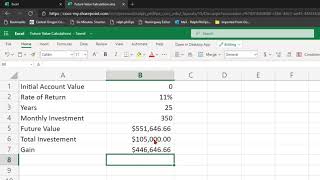 FV Future Value Function in Excel to Estimate Future Account Value with Initial Investment screenshot 1