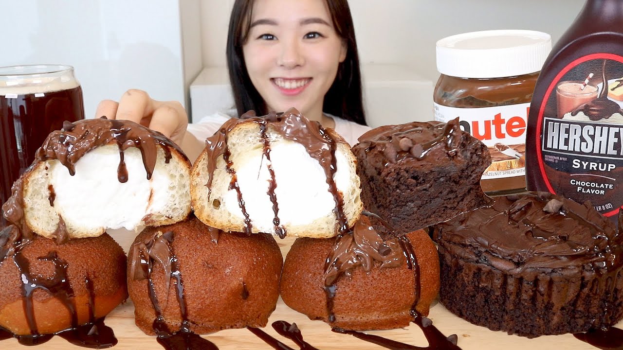 SUB) ASMR Шоколад Десерт Мукбанг 🍫 Брауни Кекс Кремовый хлеб Мокко Булочка Nutella Hershey's