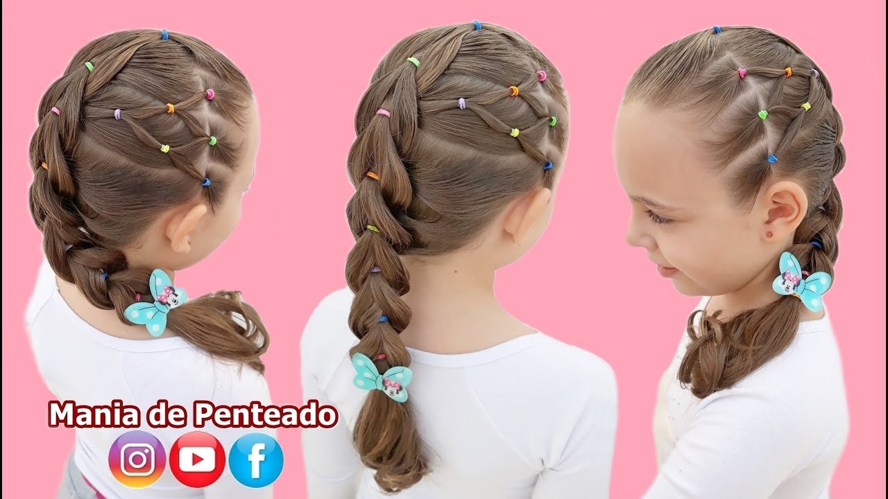 Penteado Infantil com Ligas e Trança | Pull Through Braid with Colourful  Rubber Band for Girls 🌈🦄 | Goiânia Fashion