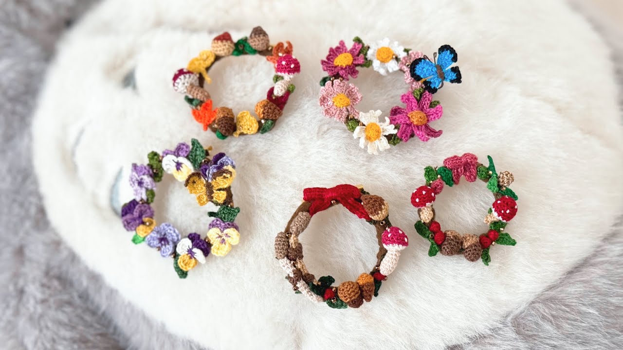糸で編んだコスモスのリースブローチ♪ - YouTube