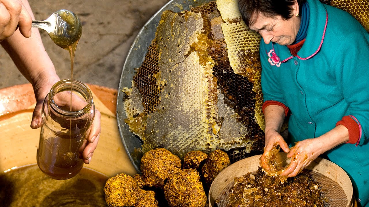 Чистый мед, отделенный от воска вручную. Медленное приготовление для экстракции