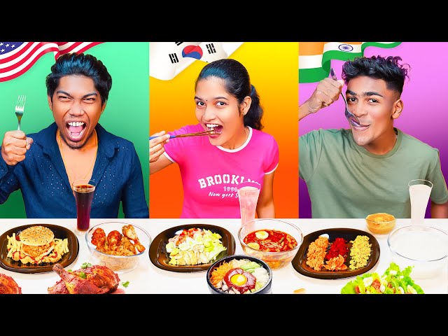 AMERICAN vs KOREAN vs INDIAN Eating Challenge 😂 FORK vs CHOPSTICK vs SPOON 😄 Food Eating challenge class=