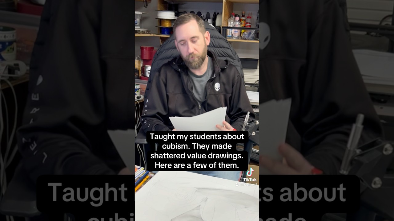 Grading student work. Cubistic style called shattered values. Practicing gradients. 