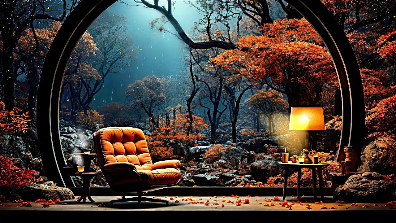 Cozy Autumn Rain on Window 🍂🌧️ Moody Reading Nook Ambience | Smooth Jazz & Rain