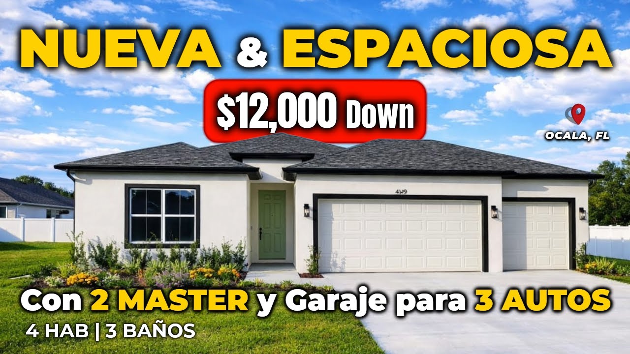 ENORME Casa NUEVA en Ocala con 2 MASTER😱 Garaje para 3 Autos | $12,000 Down | SIN HOA