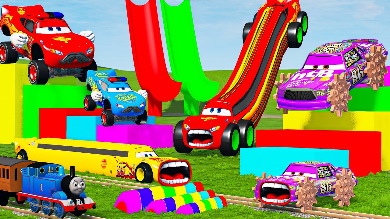 LONG CARS vs SPEEDBUMPS - Big & Small: Mcqueen with Spinner Wheels vs Long Tow Mater - BeamNG.Drive