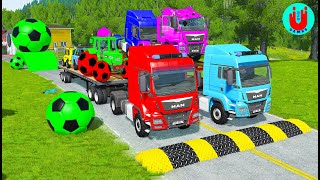 Double Flatbed Trailer Truck vs Speedbumps Train vs Cars | Tractor vs Train Beamng.Drive 92