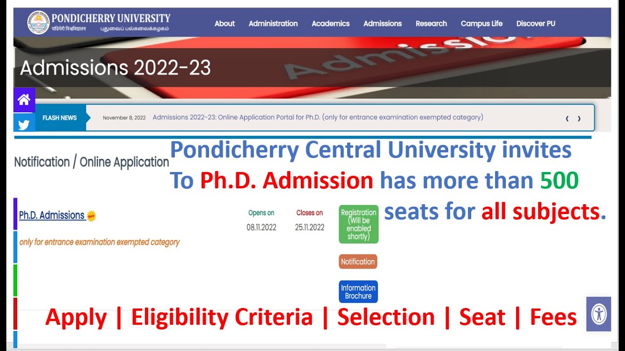 PhD Admission Notification 2022-23 in Pondicherry University | Puducherry |Last Date -25/11/2022