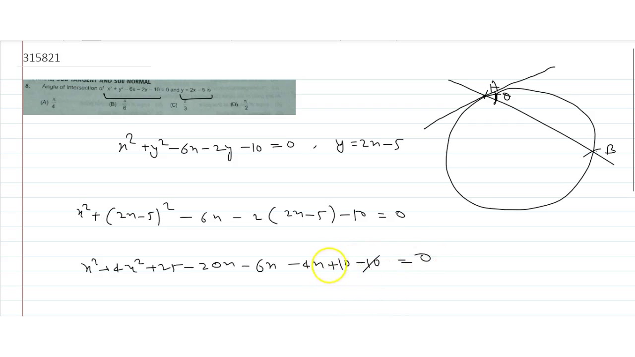 Angle Of Intersection Of x 2 Y 2 6x 2y 10 0 And y 2x 5 Is YouTube