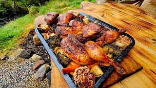 The juiciest CHICKEN ever, cooked in our outdoor HUT (ASMR, CAMPING. CHICKEN RECIPE)
