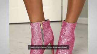 Sequins Side Zipper Pointed Toe Heeled Boots