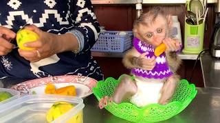 So sweet!! Little girl Liora sits in a basket to eat delicious mangoes