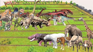 Animal vs. Dinosaur speed race. Fenced grassland field course! | Animal Revolt Battle Simulator