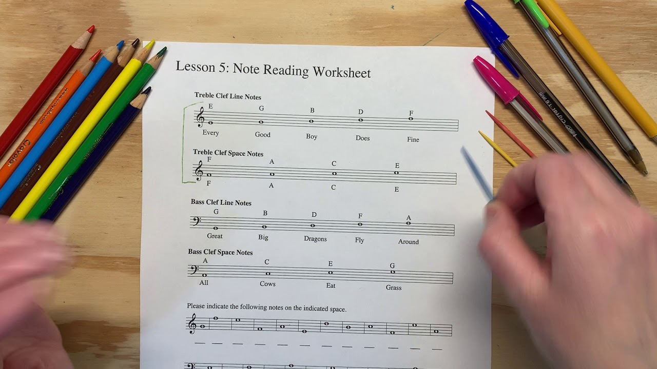 Lesson 5: Note Reading Worksheet - Learn the Notes on the Treble staff - YouTube Lesson 5: Note Reading Worksheet - Learn the Notes on the Treble staff - YouTube