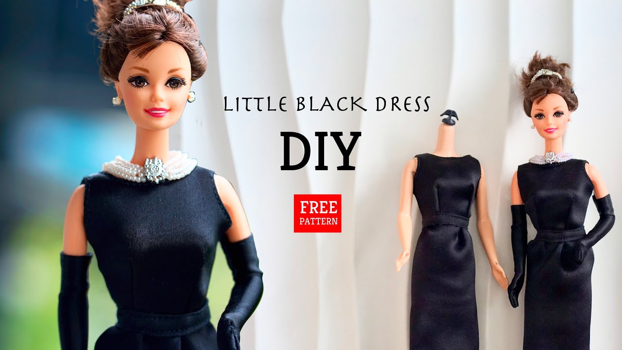 Free pattern, how to make little black dress and gloves for Barbie doll, Audrey Hepburn DIY tutorial