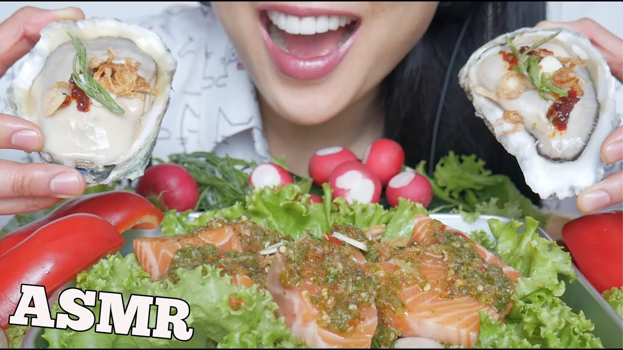 ASMR SPICY RAW OYSTER + SALMON SASHIMI (EATING SOUNDS) NO TALKING | SAS ...