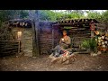 Bushcraft Camping  Built a log cabin in the woods! Escaping from bad weather and wild animals. ASMR