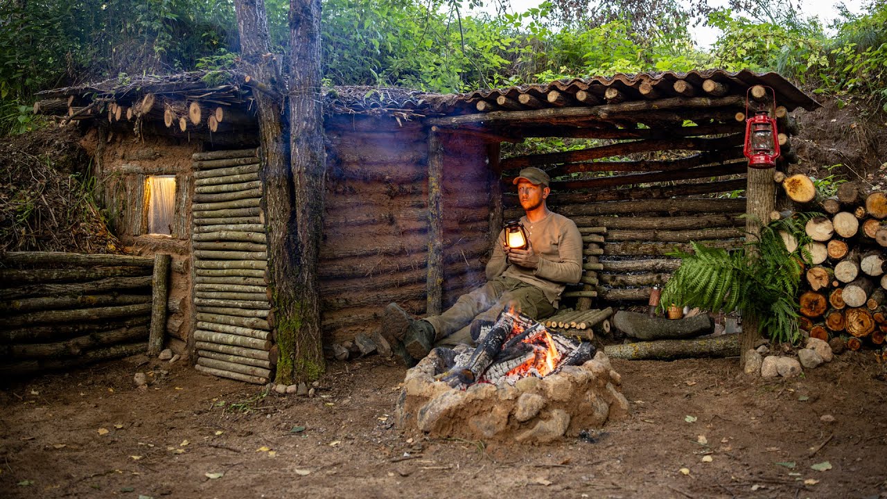 Bushcraft Camping  Built a log cabin in the woods! Escaping from bad weather and wild animals. ASMR