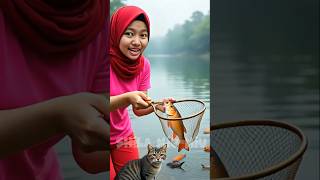 Animasi kucing Miu-Miu dan Shila kasih makan ikan banyak #ai #miumiu #kucinglucu #ikan