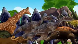 Animal Stampede Dinosaurs Running Cartoon Safari Zoo Animals Elephant Giraffe...