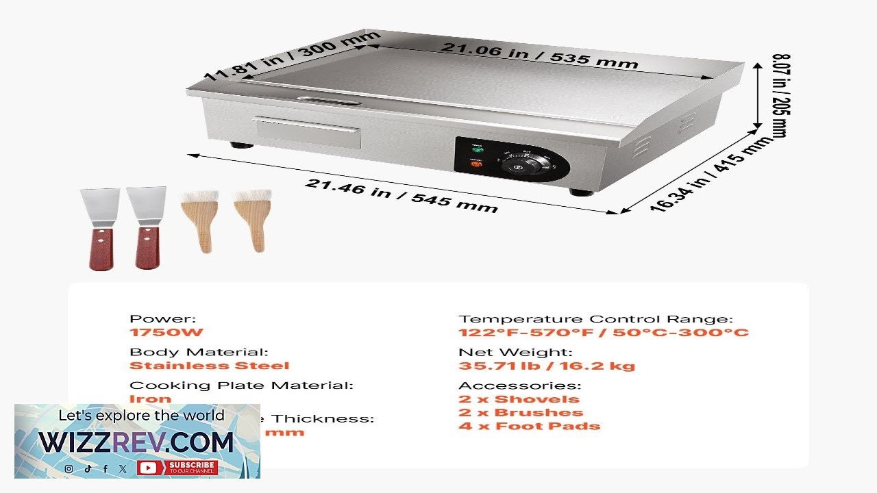 Электрическая сковорода VEVOR Commercial, 21 x 11,8 дюйма, 1750 Вт, 122°C, 570°F, регулируемая те...