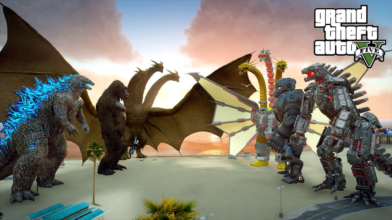 Godzilla, Kong and Ghidorah vs Mechagodzilla, Mechani Kong and Mecha Ghidorah - GTA V Mods