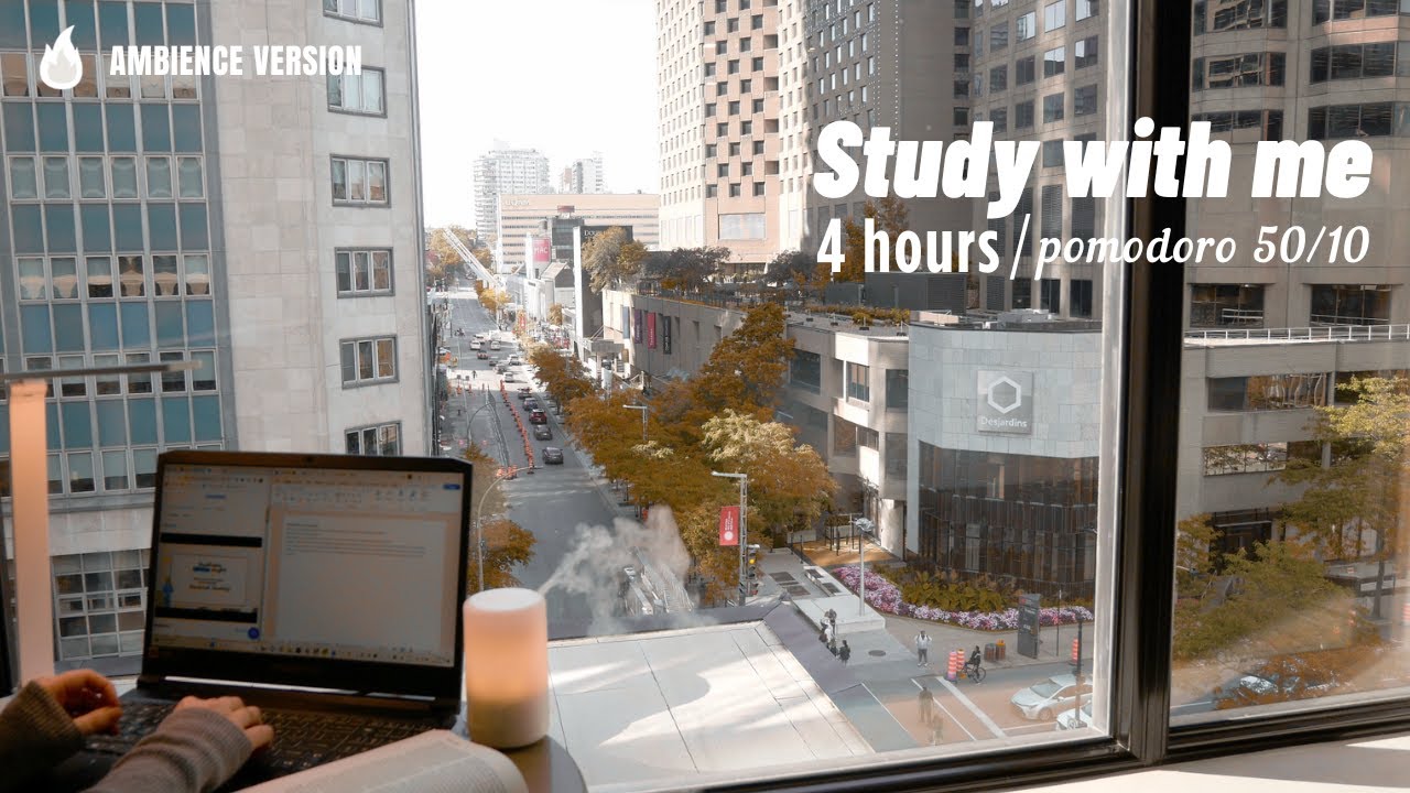 4-HOUR STUDY WITH ME / Pomodoro 50/10 [Ambience ver.] Fire Crackling Sounds 🔥 / City View