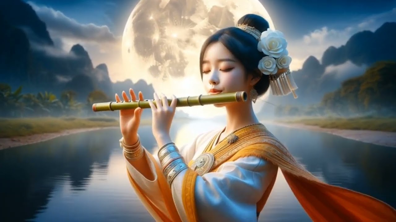 Angel Girl Playing Flute Under the Moonlight