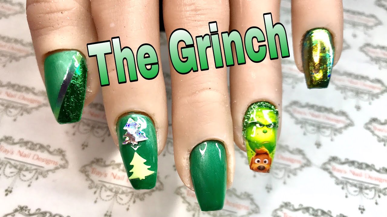 The Grinch Gel polish Nail Art Design using Foil, Stripping Tape ...