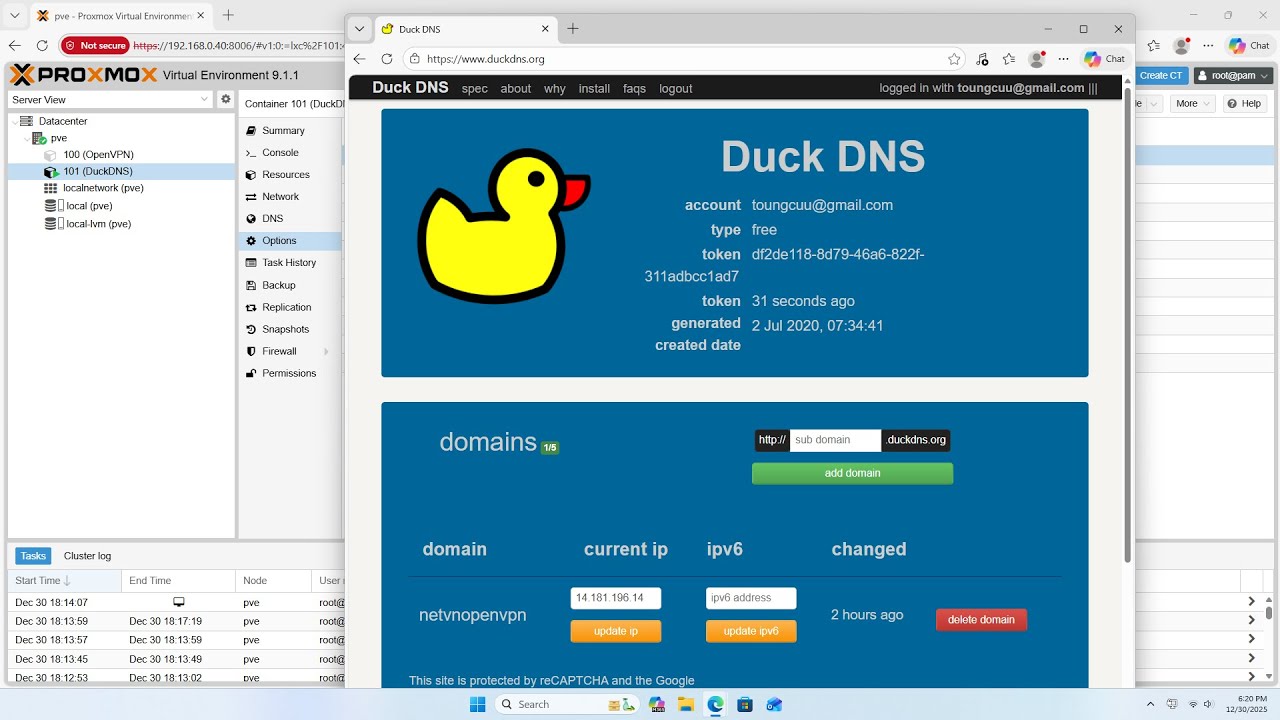 Use Proxmox to Update Dynamic IP with DuckDNS.