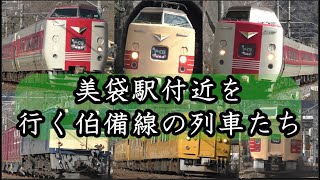 美袋駅付近を行く列車たち　381系・115系・EF64