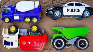 Crane truck rescue construction vehicle and sand leveling with excavator dump truck - Toy car story