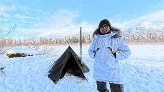 Camping Alone During Snowfall with a Polish Lavvu Hot Tent in Alaska