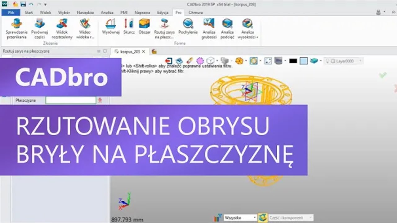 Rzutowanie obrysu bryły na płaszczyznę. CADbro - przeglądarka plików CAD