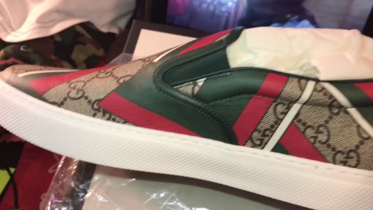 GUCCI Dublin Coated Canvas Sneakers Size10.5(BEIGE/GRN/RED)Review/ (10 ...