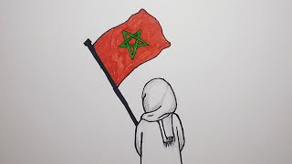 رسم سهل | تعليم رسم بنت من الخلف تحمل علم المغرب للمبتدئين بطريقة سهلة | رسم المسيرة الخضراء
