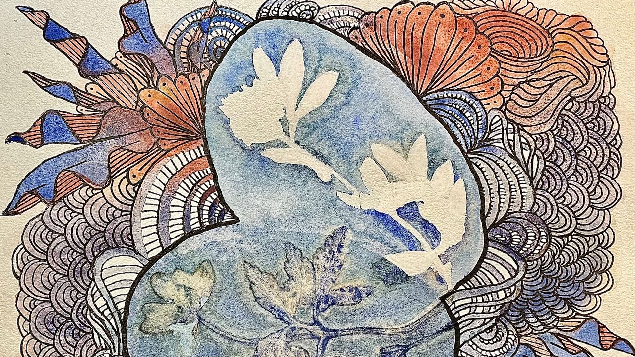 Abstract watercolor with flower imprints and doodles💙 4K doodle/paint along with written guide