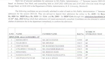 HPU MA PUBLIC ADMINISTRATION  FINAL MERIT LIST 2023 || studywithsachin694 ||