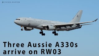 Three Airbus A330s arrive on RW03 at Perth Airport.