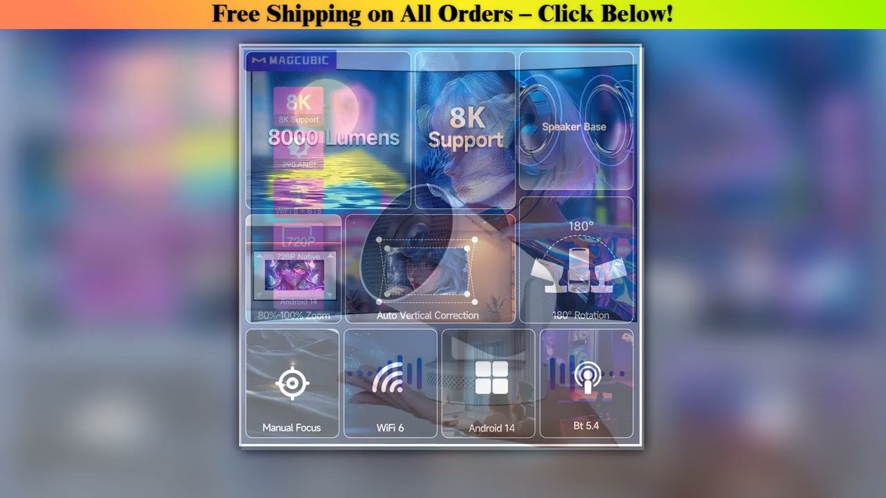 Magcubic 8K Android 14 Portable Projector 8000 Lumens WiFi 6 BT5.4 Outdoor Theater 5W HiFi Speaker