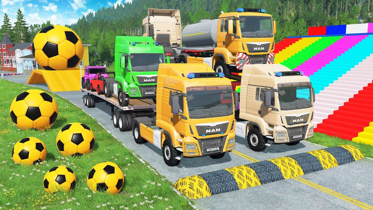 Flatbed Trailer McQueen Transportation with Truck - Speedbumps vs Cars vs Train - BeamNG.Drive 