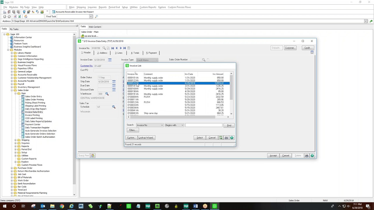 Sage 100 (MAS 90/200) VB Script Preview Demo Credit Memo Automation in
