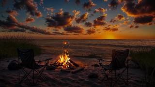 Peaceful Evening on the Shore 🌴🔥 Campfire, Ocean Waves & Stunning Sunset Ambience for Deep Rest