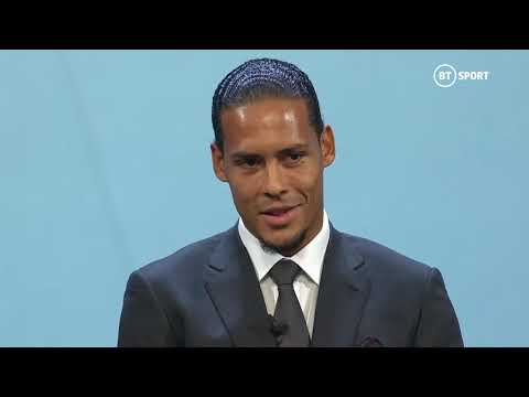 Virgil van Dijk accepts the UEFA Men's Player of the Season award for 2018/19