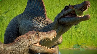 ACROCANTHOSAURUS,SPINOSAURUS,T-REX,GIGANOTOSAURUS INDOMINUS REX BATTLE - Jurassic World Evolution 2