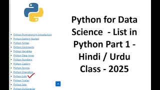 Python for Data Science  - List in Python Part 1 - Hindi / Urdu Class - 2025