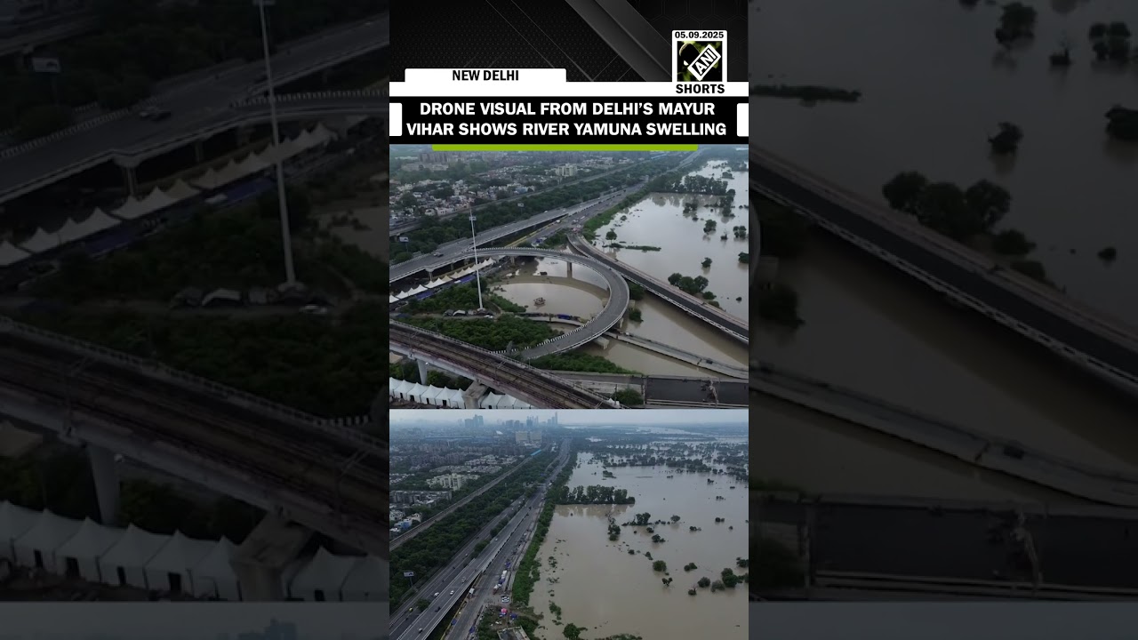 Drone visual shows River Yamuna overflowing in Mayur Vihar area, Relief camps setup