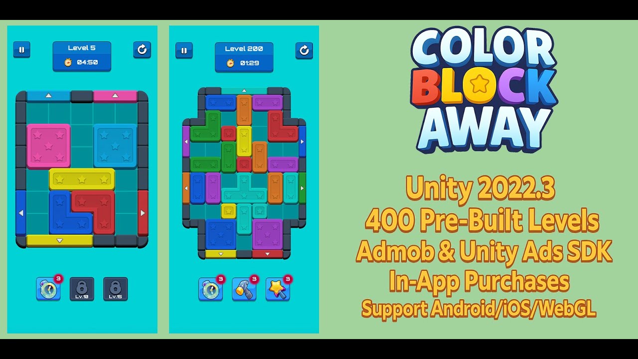 Unity Puzzle Game Source Code - Color Block Away (Full Game Template with Ads & IAP)