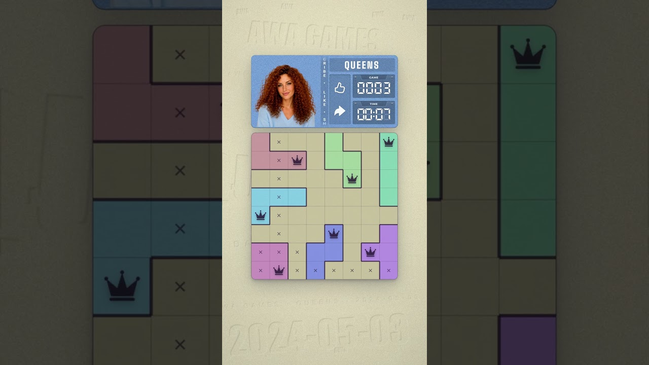 LinkedIn Queens #3 solved board for May 3, 2024, 8x8 grid