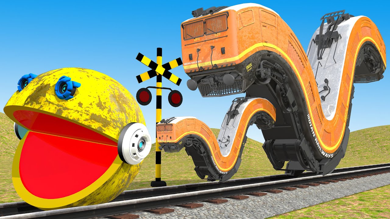 【踏切アニメ】あぶない電車 | くねくね電車|TRAIN VS MS PACMAN VS ROBOT PACMAN 🚦 Fumikiri 3D Railroad Crossing Animation